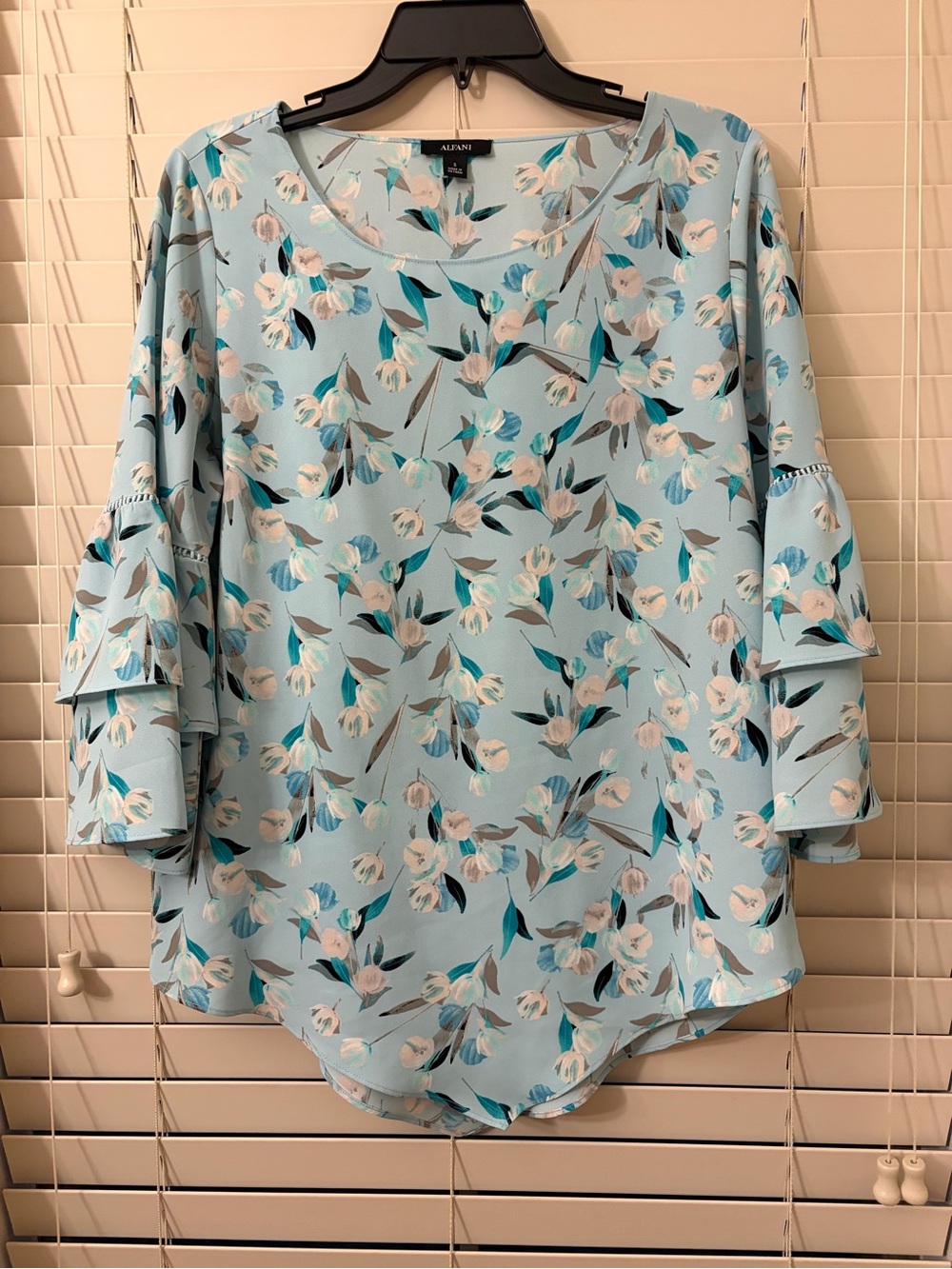 Alfani Women's Small Light Blue Floral Bell Sleeve Blouse Ruffle Tiered Top